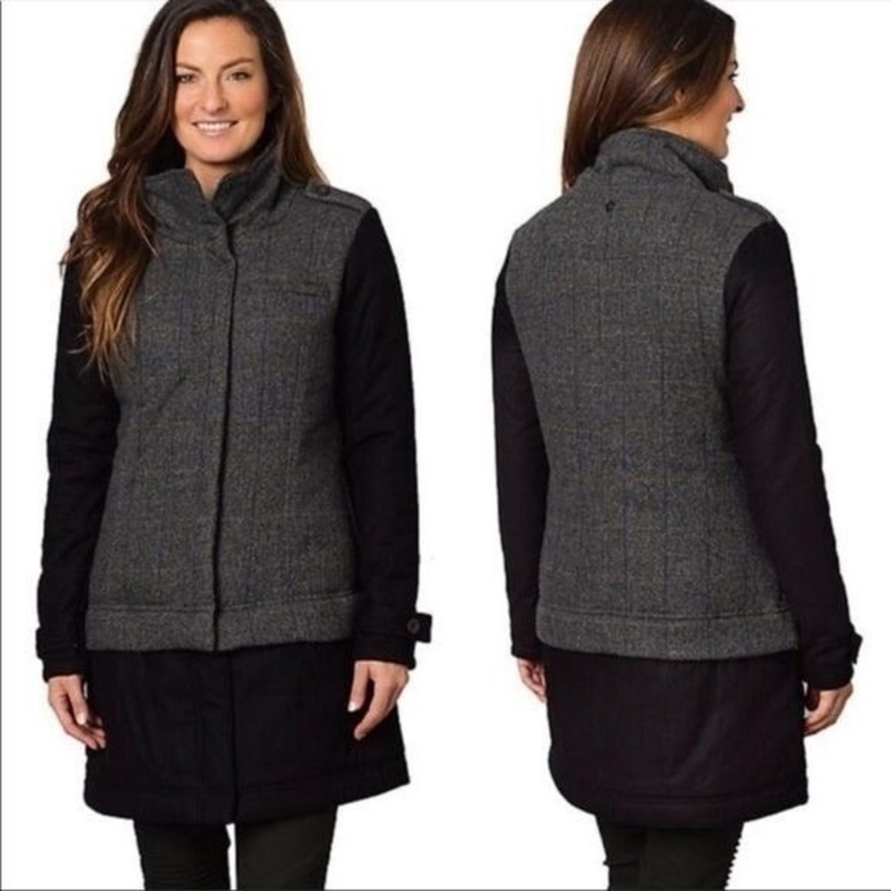 Prana Wool Blend Jacket Women S Black Grey Herringbone Long Coat Convertible
